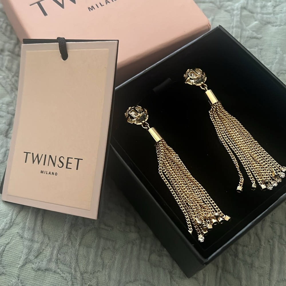 Gold Tassel Earrings with Crystal Studs - Picture 3 of 5
